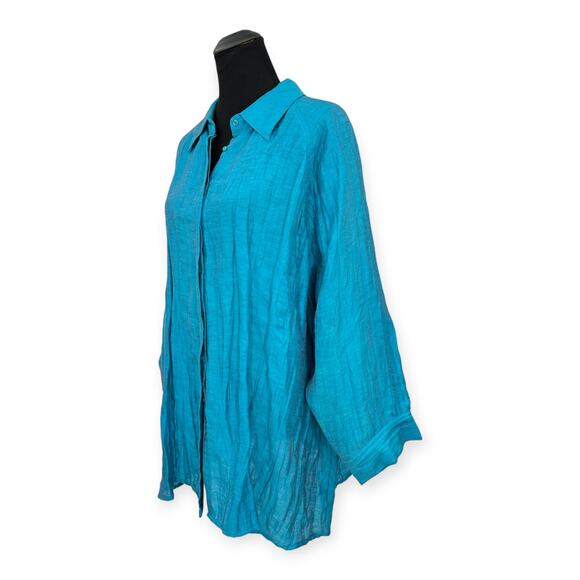 Peter Nygard | 1X | Turquoise Blue Linen Blend Crinkle Button-Down Tunic Shirt - Picture 3 of 8